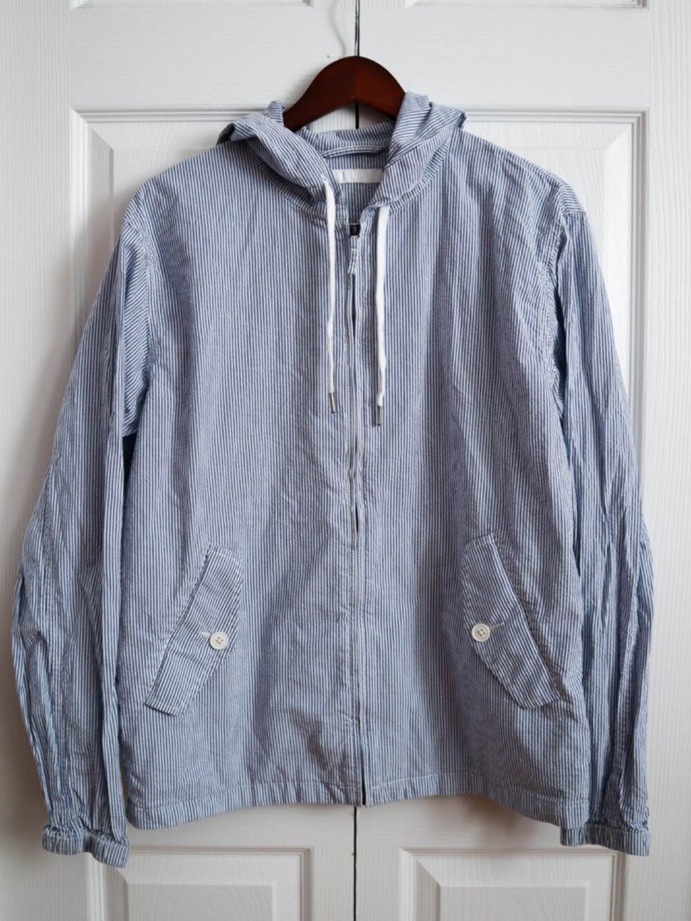 Uniqlo Cotton Seersucker Lightweight Parka Hooded Jacket Women's Sz M Coastal